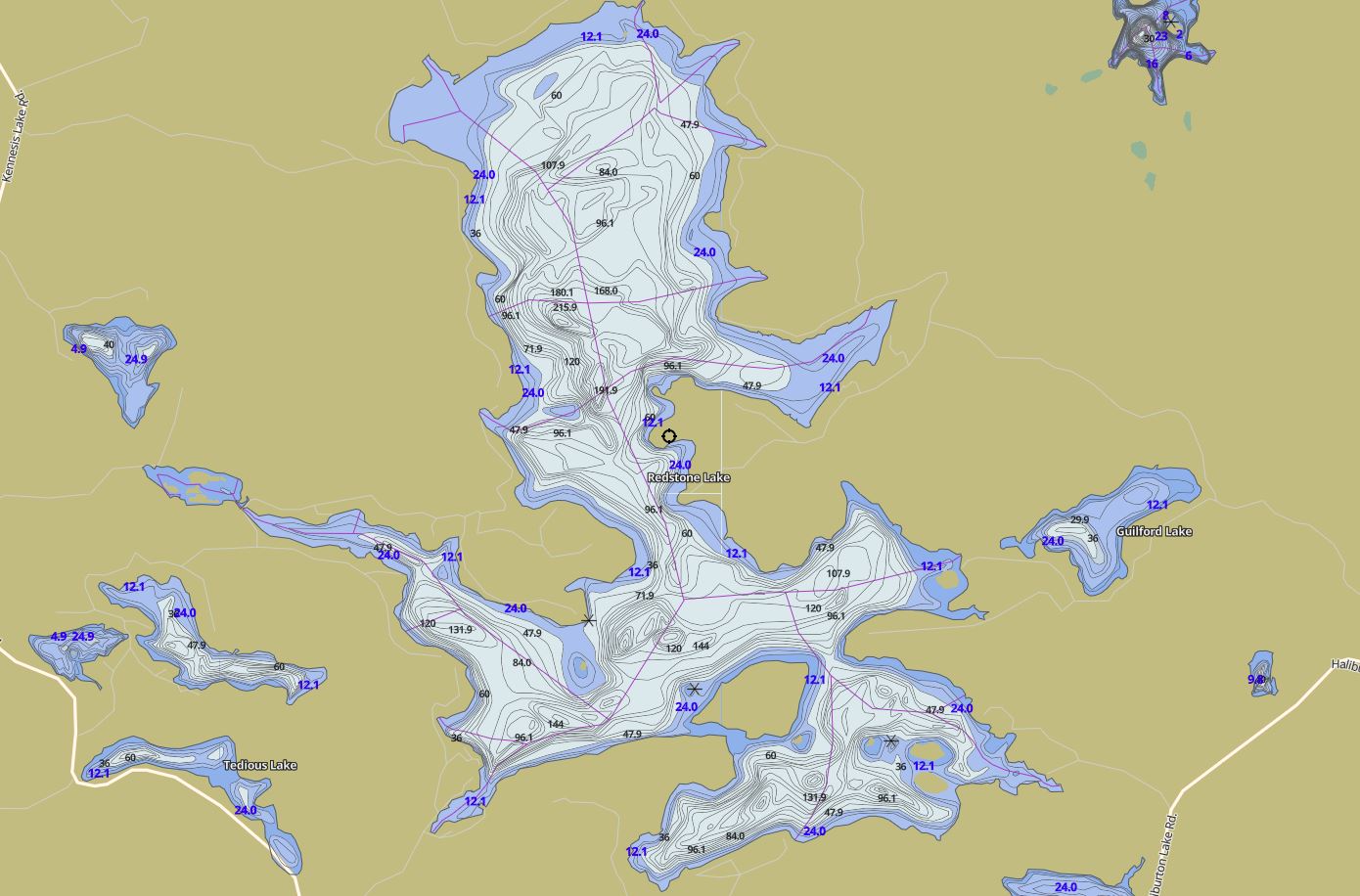 Contour Map of Redstone Lake in Municipality of Dysart et al and the District of Haliburton